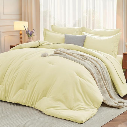 MUXHOMO 5 Pieces Twin XL Comforter Set, Soft Bed in a Bag Twin XL Size, All Season Bedding Set with Comforter, Flat Sheet, Fitted Sheet, Pillowcases & Shams, Cream Yellow