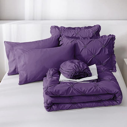JOLLYVOGUE Purple Full Size Comforter Sets 7 Pieces, Pintuck Bed in a Bag Comforter Set for Bedroom, Bedding Comforter Sets with Comforter, Sheets,Ruffled Shams & Pillowcases