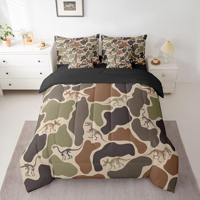 Erosebridal Camo Dino 7 Piece Bedding Set Twin Army Camouflage Comforter Set with Sheets Dinosaur Skeleton Farmhouse Green Bed in a Bag Boys Vintage Hunting Theme Bed Sets Comforter