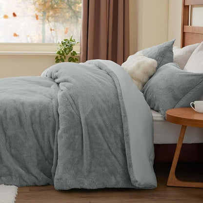 BEDELITE Faux Fur Fleece King Comforter Set - Fluffy & Warm Grey Comforter King Size，Ultra Soft and Cozy Winter Bedding Set,Fuzzy Thick Bed Set,1 Comforter and 2 Pillowcases
