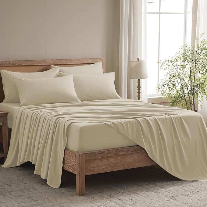 Cal King Size Sheets Set - 6 Piece Luxuriously Soft & Cooling Sheets Cal King Size - Ultra Soft 16" Deep Pocket Cal King Sheet Set - Fitted Sheet & Pillowcase Sets (Cal King Beige)