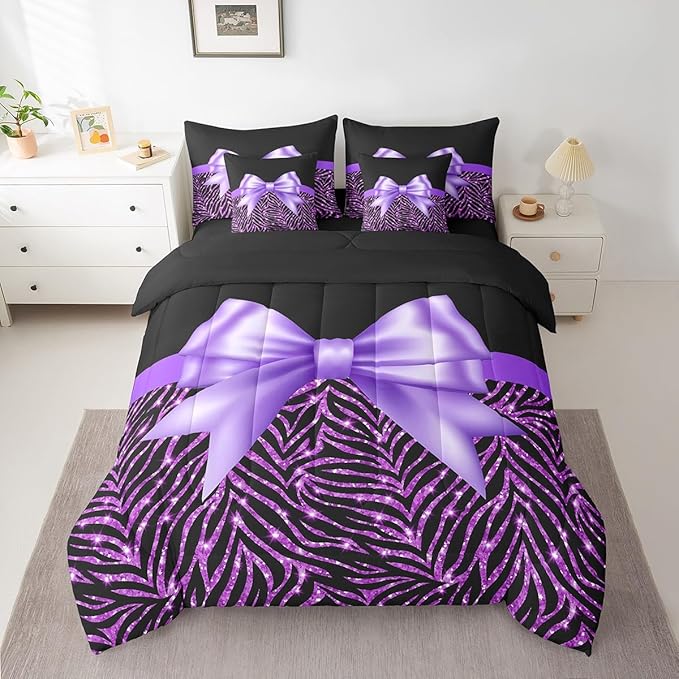 Feelyou Purple Bowknot 7 Piece Bedding Set Twin Size Glitter Print Comforter Set with Sheets for Kids Girls Adult Cute Bowknot Bed in a Bag Black Silver Bed Set