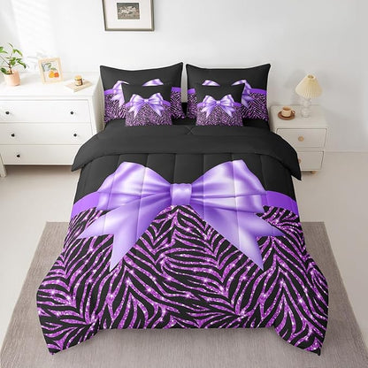 Feelyou Purple Bowknot 7 Piece Bedding Set King Size Glitter Print Comforter Set with Sheets for Kids Girls Adult Cute Bowknot Bed in a Bag Black Silver Bed Set