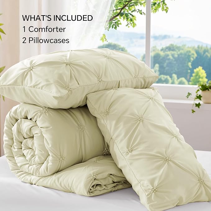 BEDELITE Beige King Size Comforter Set - 3 Pieces Boho Pintuck Bedding Comforter Sets, Lightweight Soft & Warm King Bedding Set with 2 Pillowcases for All Season