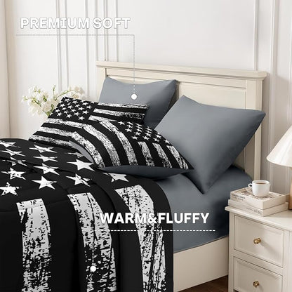 Nesker 5 Pcs Comforter Set Twin Size, Black White USA American Flag Bedding Set for Kids and Adults, Vintage Stars Stripes Flags Boys Bed Sheet Sets with Fitted Sheet Pillowcases & Shams