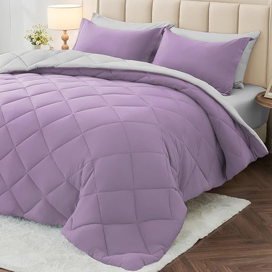 MUXHOMO 5 Pieces Twin XL Comforter Set, Reversible Bed in a Bag Twin XL Size, All Season Bedding Set with Comforter, Flat Sheet, Fitted Sheet, Pillowcases & Shams, Greyish Purple & Light Grey