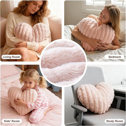 2 Pcs Pink Heart Throw Pillows, 16 Inch Soft Fluffy Heart-Shaped Comfort Pillows with Calming Texture, Hug Pressure for Relaxing Moments, Ideal for Sofa, Reading, and Naps (Pink)