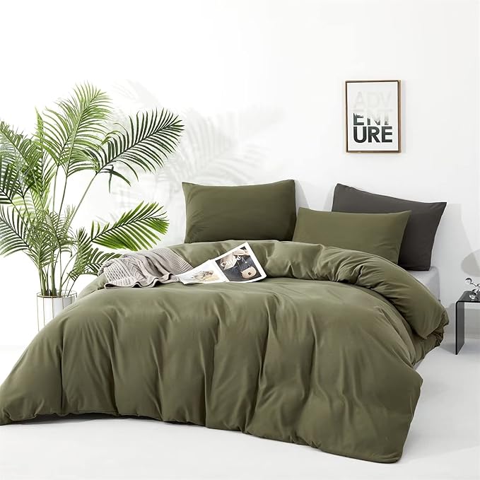 Houseri Army Green California King Size Comforter Set Olive Green Bedding Sets Cal King Men Women Solid Dark Green Comforters Comfy Soft Military Green Bed Comforter Quilt Cal King