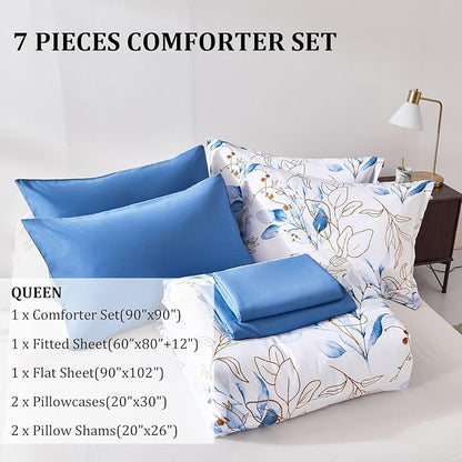 WONGS BEDDING Botanical Comforter Set Queen, 7 Pieces Floral Reversible Bed in a Bag Gold Blue Leaves Bedding Set Queen (1 Comforter,2 Pillowcase,2 Pillow Shams,1 Flat Sheet,1 Fitted Sheet)