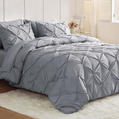 JOLLYVOGUE California King Comforter Set 7 Pieces - Bed in a Bag Cal King for All Season, Pintuck Bedding Comforter Sets with Comforter, Flat Sheet, Fitted Sheet and Pillowcases & Shams, Light Grey