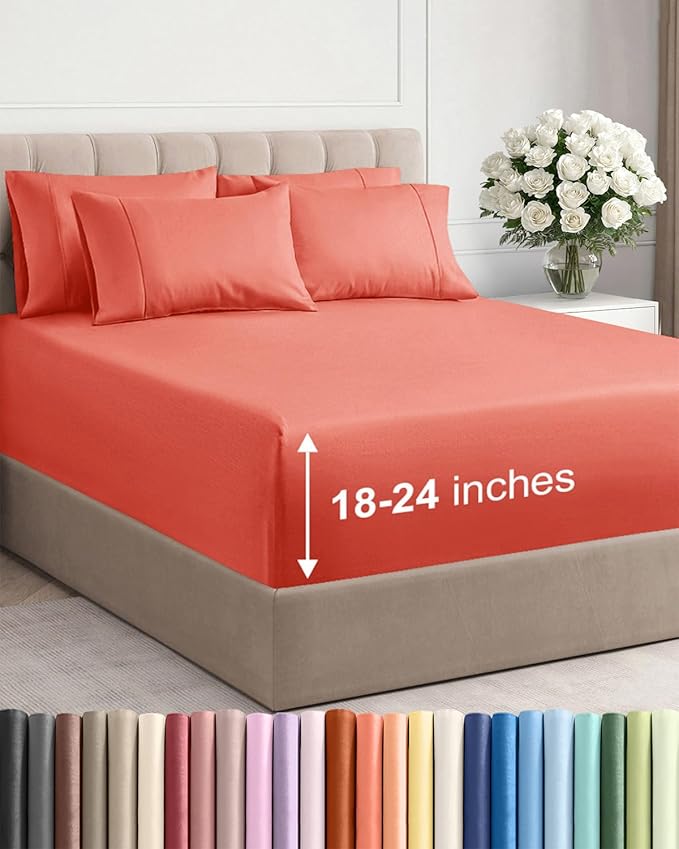 Extra Deep Queen Sheet Set - 6 Piece Breathable and Cooling Sheets - Hotel Luxury Bedding for Women, Men, Kids & Teens - Easy & Secure Fit - Soft, Wrinkle Free and Comfy - Extra Deep Pockets - Coral