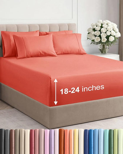 Extra Deep Queen Sheet Set - 6 Piece Breathable and Cooling Sheets - Hotel Luxury Bedding for Women, Men, Kids & Teens - Easy & Secure Fit - Soft, Wrinkle Free and Comfy - Extra Deep Pockets - Coral