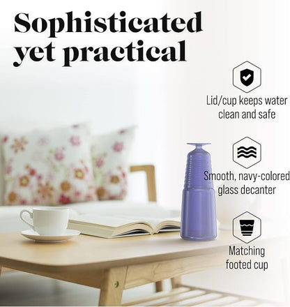 American Atelier 32 oz Bedside Water Carafe Set – 11" Ribbed Glass Pitcher with Footed Cup Lid, Covered Drinking Decanter for Nightstand, Guest Room, Office & Bathroom Accent, Elegant Glassware (Navy)