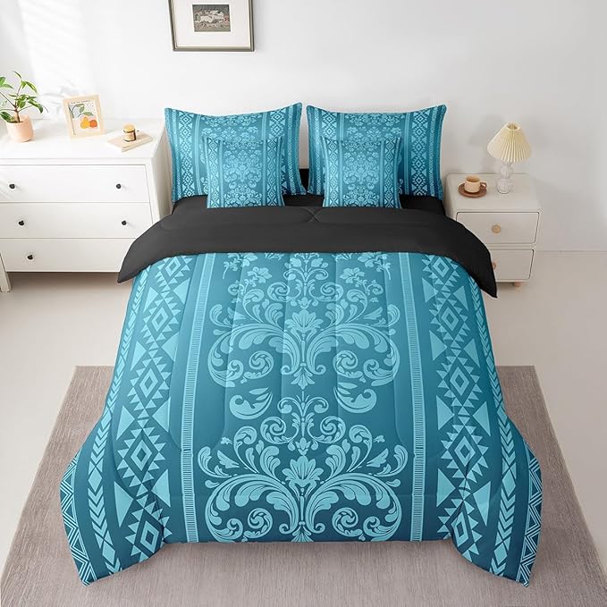 Comforter Set Queen Size, Teal Damask Aztec 7 Pcs Bedding for Kids and Adults, Baroque Western Boho Gothic Floral Bed Sheet Sets with Fitted Sheet 2 Pillowcases & 2 Shams for Bedroom Bed Decor
