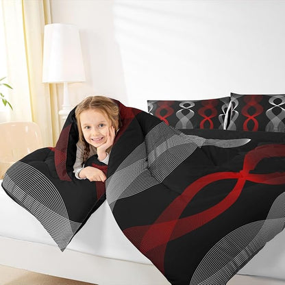 Erosebridal Red and Black Queen Comforter Set for Adults, Red Striped Bedding Set for Women Men Teens Adults Bedroom, Ombre Geometric Stripes Abstract Comforter, Contemporary Boho Modern Art Quilt
