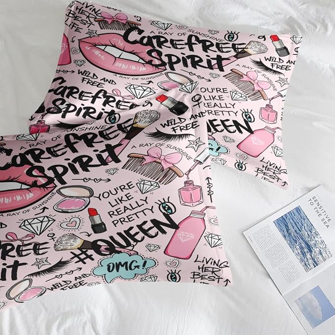 Comforter Set Full Size, Makeup Pink Queen Soft 3 Pcs Bedding for Kids and Adults, Women Diamond Cute Comforter Set with Pillowcase, for Bedroom Bed Decor