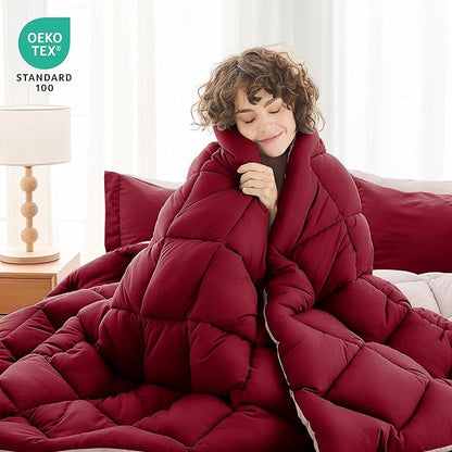 MUXHOMO 7 Pieces Queen Comforter Set, Reversible Bed in a Bag Queen Size, All Season Bedding Set with Comforter, Flat Sheet, Fitted Sheet, Pillowcases & Shams, Burgundy & Rose Gold
