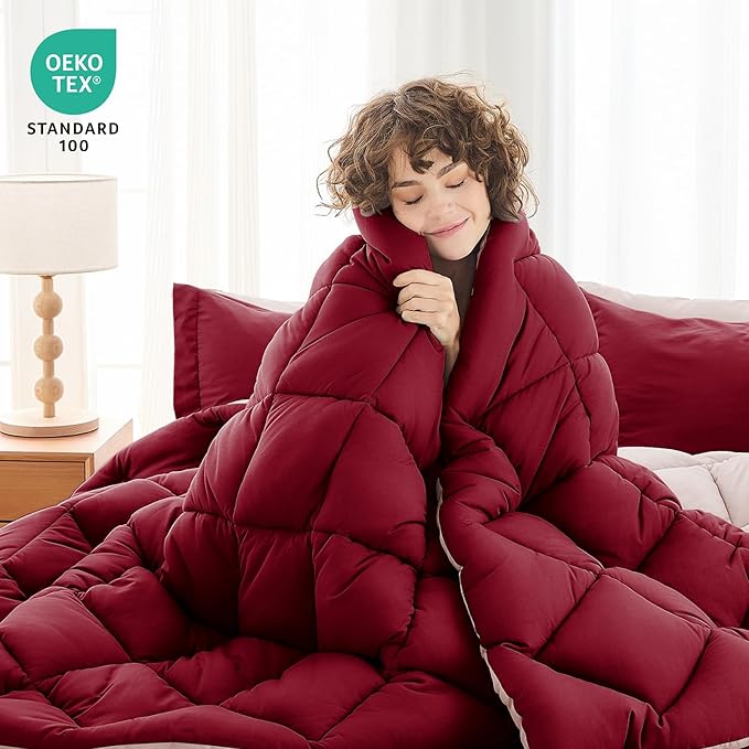 MUXHOMO 7 Pieces Full Comforter Set, Reversible Bed in a Bag Full Size, All Season Bedding Set with Comforter, Flat Sheet, Fitted Sheet, Pillowcases & Shams, Burgundy & Rose Gold