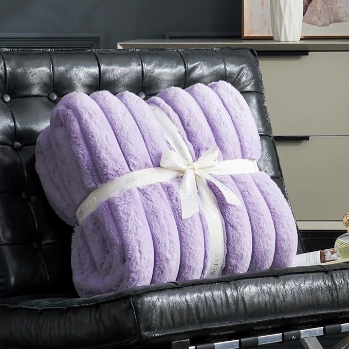 Cozy Bliss Faux Fur Throw Blanket for Couch, Cozy Warm Plush Striped Blanket for Sofa Bedroom Living Room, 60 * 80 Inches Lavender