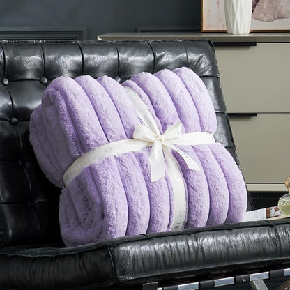 Cozy Bliss Faux Fur Throw Blanket for Couch, Cozy Warm Plush Striped Blanket for Sofa Bedroom Living Room, 50 * 60 Inches Lavender