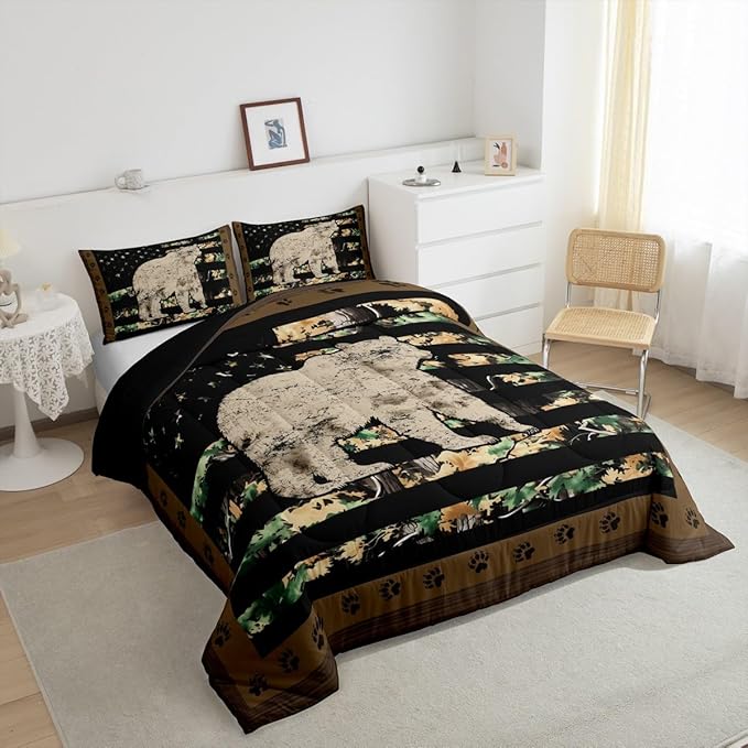 Feelyou Gray Bear Bedding Set Wild Animal Comforter Set for Kids Boys Girls Camo Tree Branches Comforter American Flag Quilt Set with 1 Pillowcase 2Pcs Bedding Twin