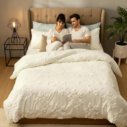 Frienda 3 Pcs Winter Snowflake King Comforter Cover Set Includes 1 Duvet Cover and 2 Pillow Shams Boho Tufted White Snowflake Bedding Set for Winter Gift
