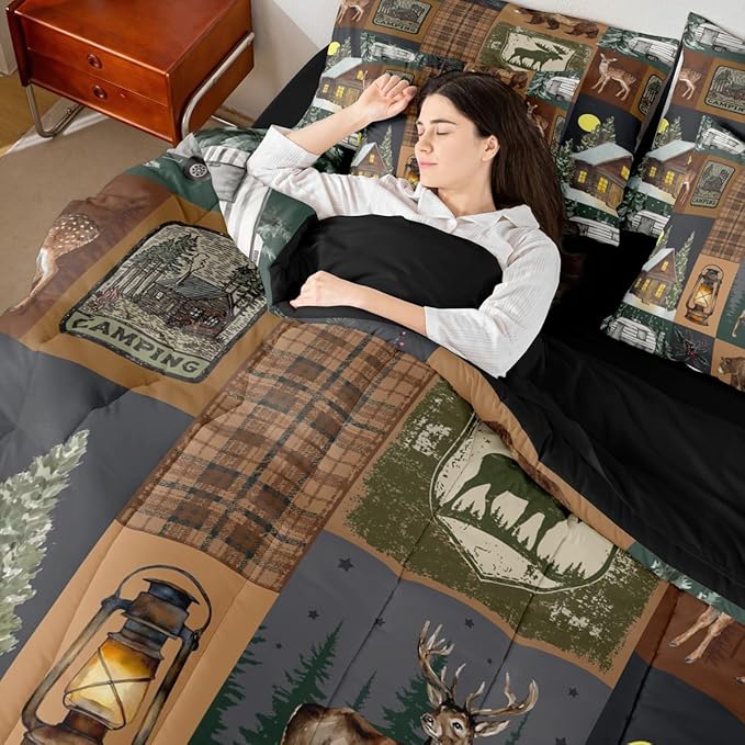 Erosebridal Hunting Bear 7 Piece Comforter Set Twin Rustic Farmhouse Bedding Sets for Kids Teens Cabin Decor Vintage Barn Woodland Animals Moose Sheet Set Retro Buffalo Plaid Camper Quilt Brown