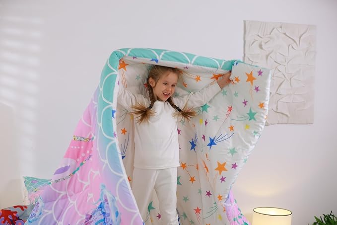 Erosebridal Mermaid Tail Comforter Set,Kids Fish Scales Down Comforter Queen,Girly Rainbow Bedding Set Ocean Life Sea Animal Duvet Filler Teal Sequins Pastel Pink Paillette Bedroom Decor,Multicolor