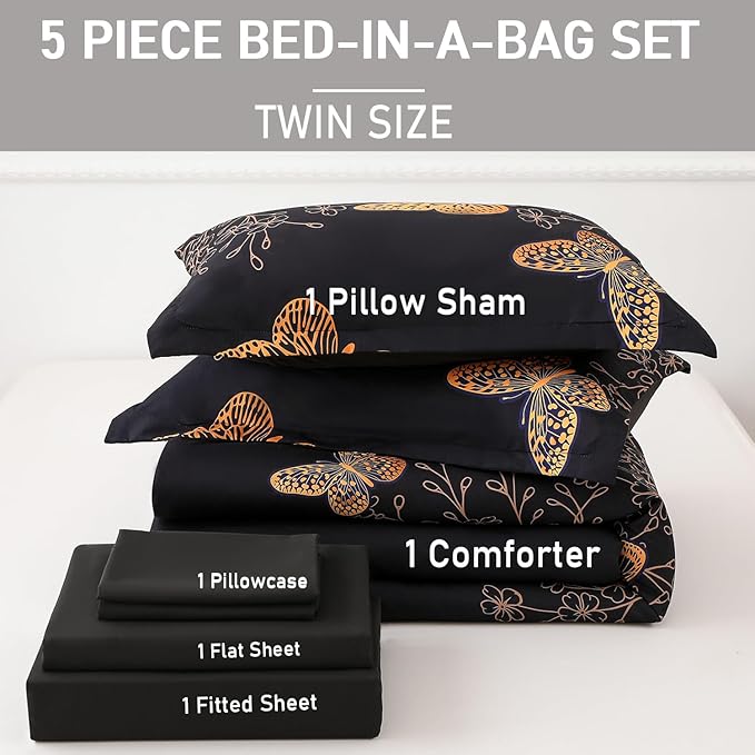 Yogeneg 5 Piece Bed in a Bag Twin Size Comforter Set Black Bedding Set,Gold Butterfly Leaves Printed on Black Reversible Design,Soft Microfiber Comforter with Sheet Set,All Season(Butterfly,Twin)