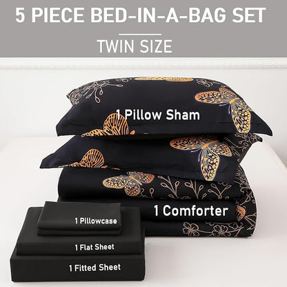 Yogeneg 5 Piece Bed in a Bag Twin Size Comforter Set Black Bedding Set,Gold Butterfly Leaves Printed on Black Reversible Design,Soft Microfiber Comforter with Sheet Set,All Season(Butterfly,Twin)