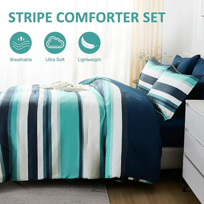 WONGS BEDDING Comforter Set King Size, Teal Striped Bed in a Bag, 7 Pieces Soft Lightweight Micorfiber Bedding Set with Comforter, Flat Sheet, Fitted Sheet, Pillow Shams, Pillowcase