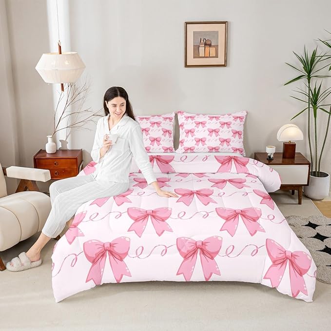 Erosebridal Bowknot Down Comforter Toddler Size, Dreamy Princess Style Comforter Set for Girls Women Bedroom Decor, Cute Bow Tie Bedding Set Pink Girly Kawaii Quilt for All Season