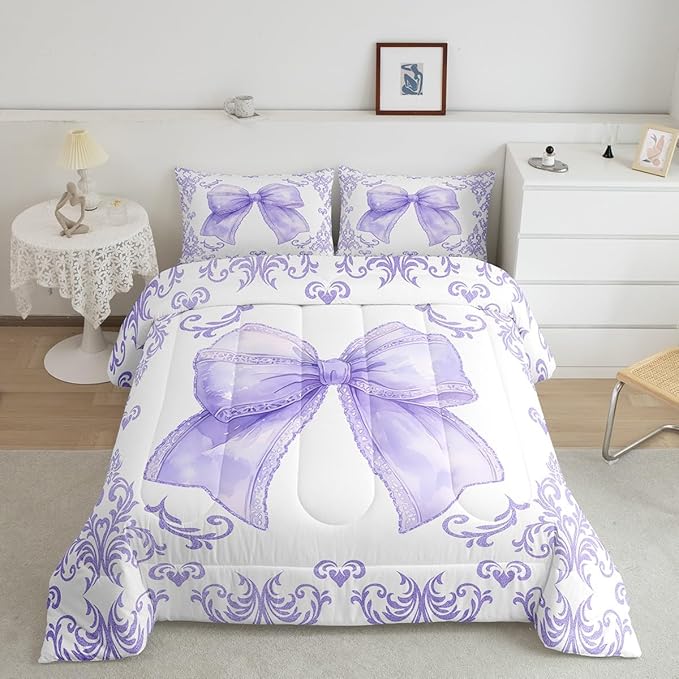 jejeloiu Girls Pretty Ribbon Purple Bow Bedding Set King Size Purple Damask Comforter Set for Kids Women Cute Bow Duvet Set Princess Quilt Set 3Pcs