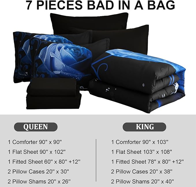 Xruibed Floral Comforter King Blue Bed in a Bag Rose Water Droplets Design 7PCs Comforter Set Soft Micorfiber Bedding Set (1 Comforter,2 Pillow Shams,1 Flat Sheet,1 Fitted Sheet,2 Pillowcases)