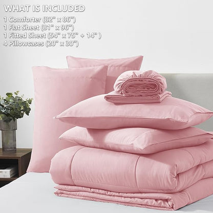 CozyLux Full Size Comforter Set Pink, 7 Pieces Bed in a Bag, Pink Comforter Full Size, All Season Bedding Sets with Stitch Quilted Comforter, Flat Sheet, Fitted Sheet, Pillowcases