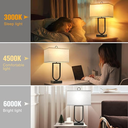 24'' Table Lamps Set of 2 - Desk Lamp & Bedside Lamp, Adjustable Color Temperature, USB C+A Ports, Modern Nightstand Lamps for Bedroom, Living Room, Home Office, Pull Chain Switch( Includes Bulbs)