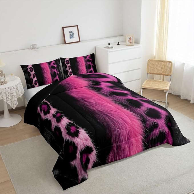 jejeloiu 3D Pink Leopard Bedding Set Toddle Size Adult Leopard Comforter Set for Boys Girls Animal Print Duvet Set Wild Animal Fur Quilt Set 2Pcs