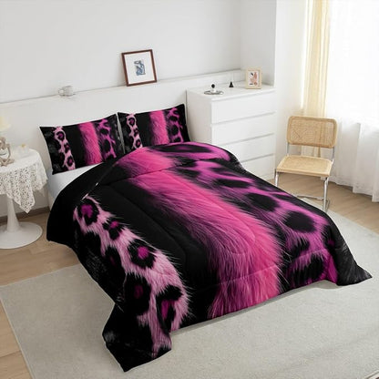 jejeloiu 3D Pink Leopard Bedding Set Full Size Adult Leopard Comforter Set for Boys Girls Animal Print Duvet Set Wild Animal Fur Quilt Set 3Pcs