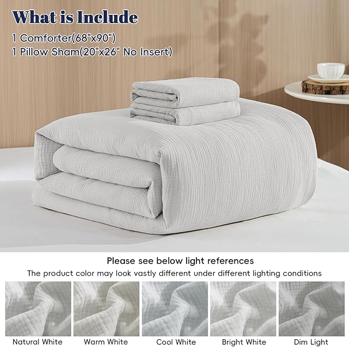 PHF Cotton Muslin Comforter Set Twin – 100% Cotton Cover, Ultra Soft & Breathable, 2PCS Lightweight All-Season Bedding with Polyester Fill, 1 Comforter 68"x90" & 1 Pillow Sham 20"x26", Light Grey
