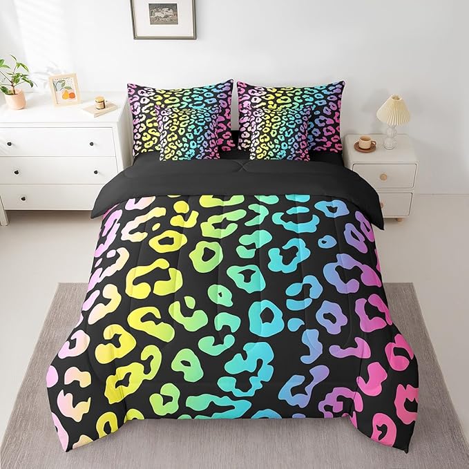 Leopard Print Comforter Set in a Bag 7 Pcs,Rainbow Cheetah Print Bed Set,Colorful Wild Animal Skin Print Bedding Sets,Twin Size(1 Comforter,2 Pillowcase,2 Pillow Covers,1 Flat Sheet,1 Fitted Sheet)