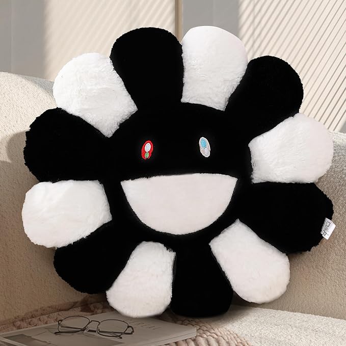Flower Pillow,Flower Shaped Throw Pillow,Smiley Face Floor Cushions,Cute Sunflower Plush Pillows,Valentines Day Gifts,Black and White Decorative Pillows for Bed,Couch,Sofa,Car (Black and White,15.7In)