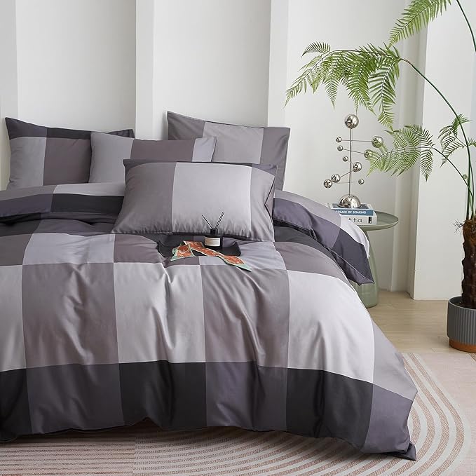 mixinni King Comforter Set Men Boys Geometric Checkered Plaid Printed Bedding Comforter for All Season Soft Lightweight Bedding Set-(King Size, Grey,Black)
