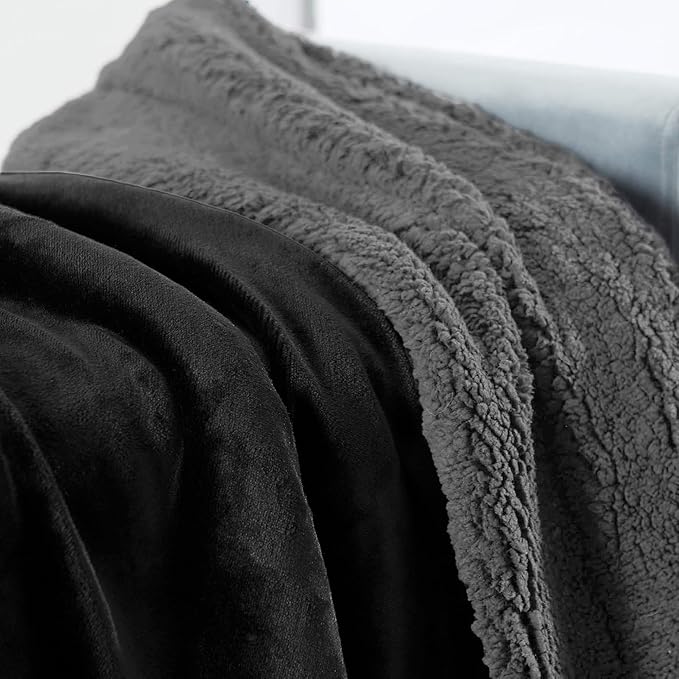 Genteele Sherpa Throw Blanket Super Soft Reversible Ultra Luxurious Plush Blanket, 102 x 90 inches, Black/Gray