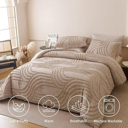 Khaki Twin Comforter Set - 7 Pieces Bed in a Bag, Premium Comforters Twin Size Bed Set Tufted Shabby Chic Bedding Comforter Set with Flat Sheet, Fitted Sheet and Pillowcases,Khaki