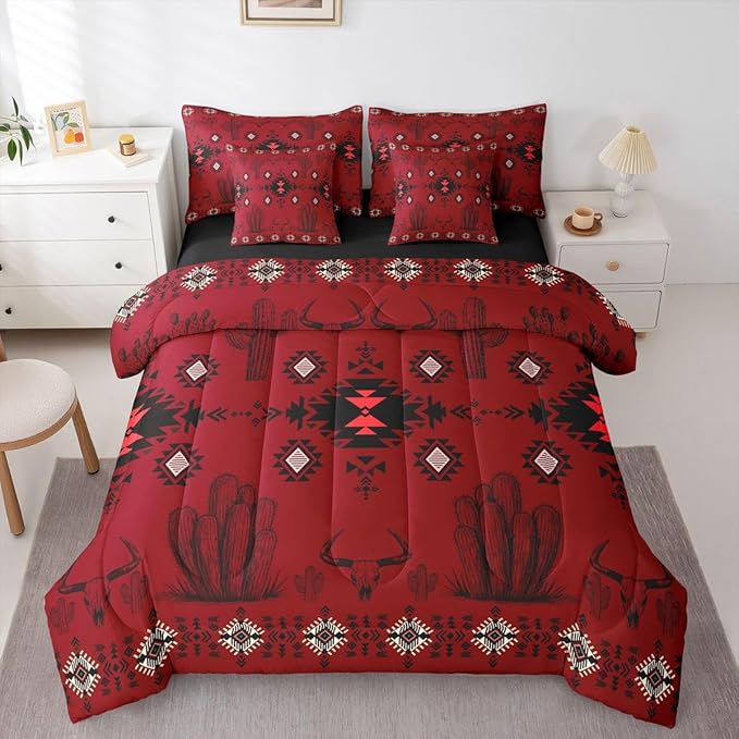Erosebridal Red Southwestern Bedding Set Full Vintage Western Aztec Comforter Set 7 Piece Bohemian Geometric Country Bed in A Bag Rustic Cactus Bull Skull Boho Tribal Quilt with Flat Fitted Sheet