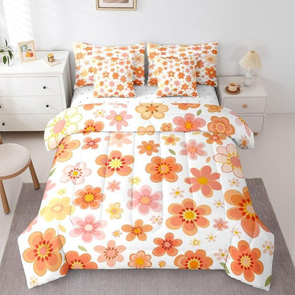 Erosebridal 70S Retro Flowers Bed in A Bag Queen | Bohemia Cartoon Funky 7 Piece Comforter Set Vintage Autumn Floral Sheet Set Reversible Pastoral Style Fitted Sheet Breathable Lightweight
