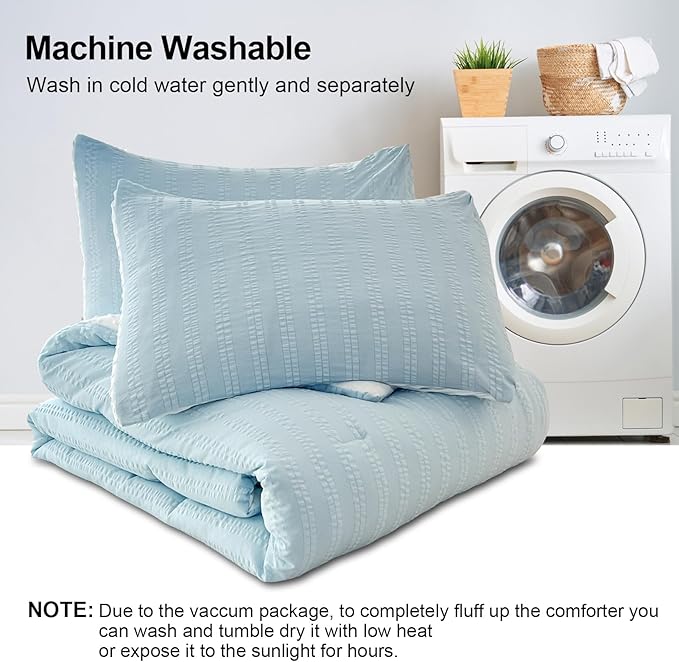 Boho Comforter Set Full Size Striped Pleats Bohemian Seersucker Bedding Set All Season Soft Cozy 3 Pieces Quilt with 2 Pillowcases(80"X90" Light Blue)