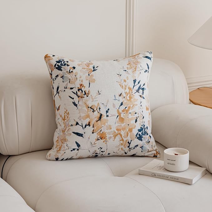 Throw Pillow Covers with Insert Included, with Embroidered Detail, 18 x 18 inches, Decorative Throw Pillow for Sofa Couch Bed (Yellow Floral, 18" L x 18" W)