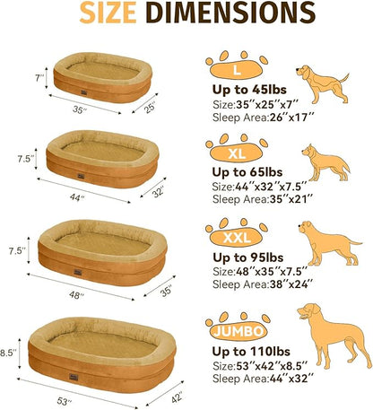 Orthopedic Washable Large Dog Bed: Cooling Dog Bed with Bolsters - Jumbo Bed Waterproof Removable Cover Non-Slip Bottom for Extra Large Sized - Orange