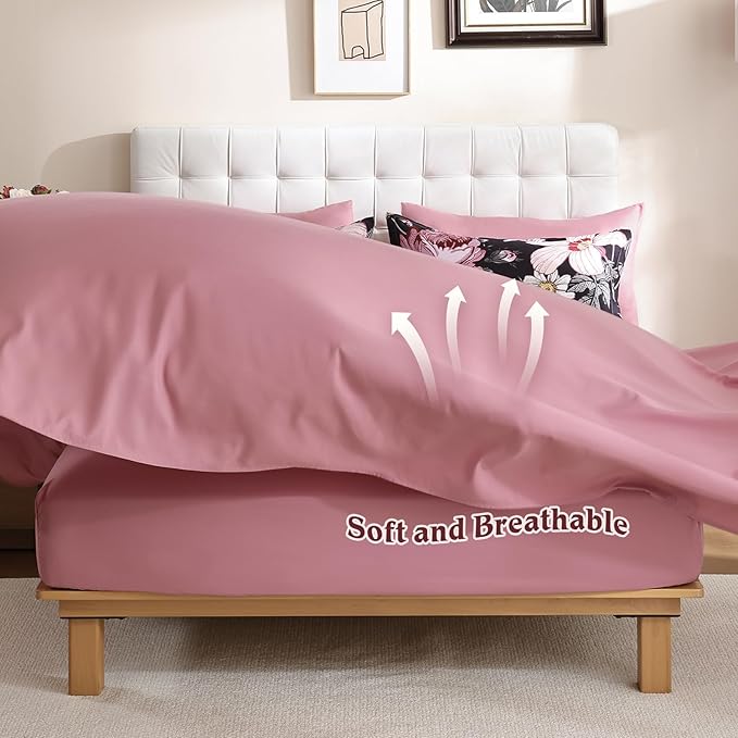 Luxudecor King Comforter Set 7 Pieces Bedding Sets,Black Pink Floral Comforter and Sheet Set,Soft Microfiber Bed in a Bag for All Seasons (Black Pink,104"x90")